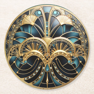 Beautiful Art Deco Turquoise Gold Black Elegant Round Paper Coaster
