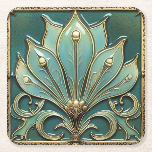 Beautiful Art Deco Turquoise Green Gold Square Paper Coaster