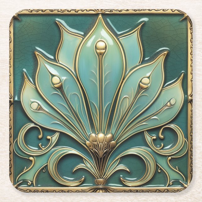 Beautiful Art Deco Turquoise Green Gold Square Paper Coaster (Front)