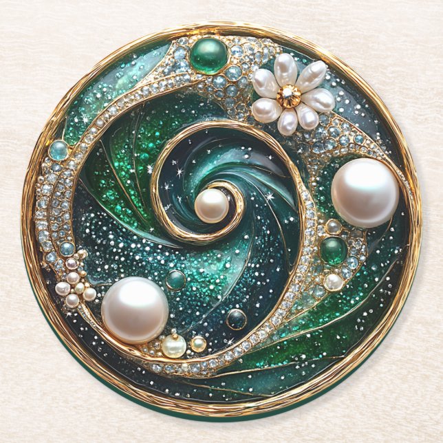 Beautiful Art Deco Turquoise Pearls Glitter Round Paper Coaster (Front)