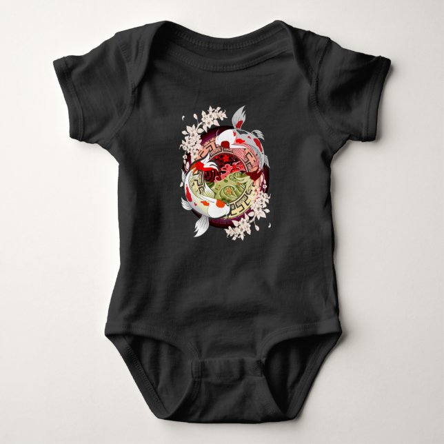 Beautiful Art Japanese Flower Koi Fish Baby Bodysuit (Front)