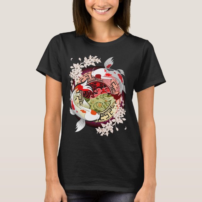 Beautiful Art Japanese Flower Koi Fish T-Shirt (Front)