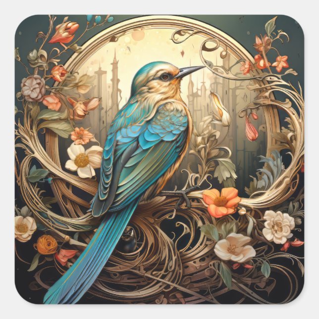 Beautiful Art Nouveau Bird Square Sticker (Front)