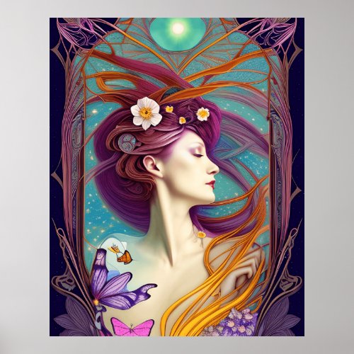 Beautiful Art Nouveau Blue teal butterfly flowers Poster