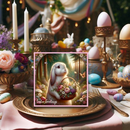 Beautiful Art Nouveau Bunny Flower Basket Easter  Holiday Card