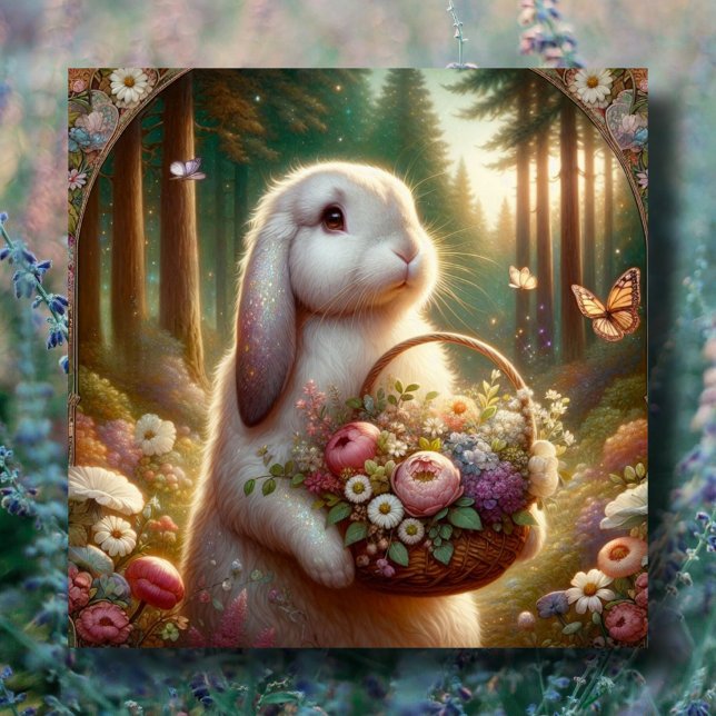 Beautiful Art Nouveau Bunny Flower Basket Easter  Holiday Card (Creator Uploaded)