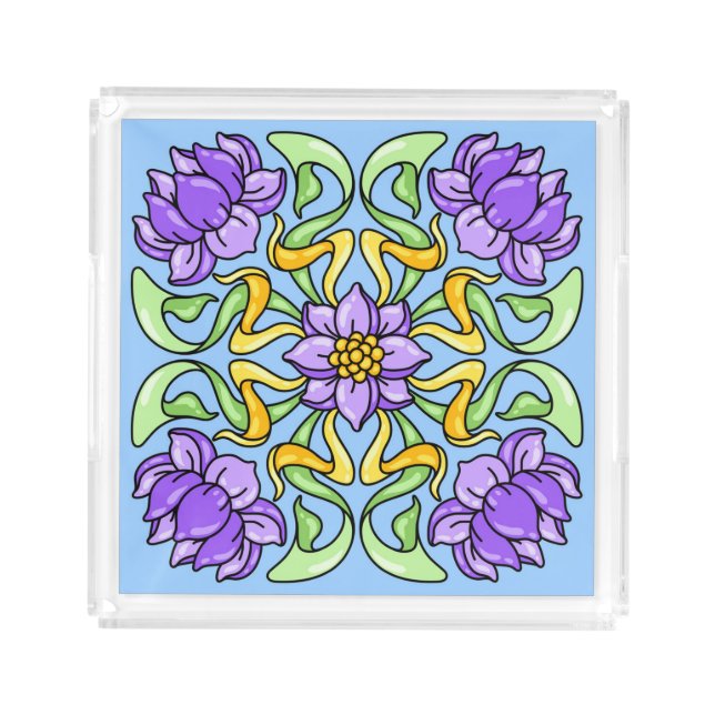Beautiful Art Nouveau tile with purple flowers Acrylic Tray (Front)