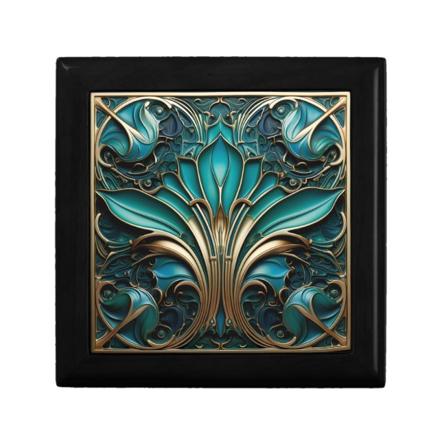 Beautiful Art Nouveau Turquoise Gold Teal Gift Box (Front)