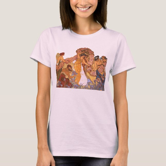 Beautiful Art Nouveau Women with Irises and Roses T-Shirt (Front)