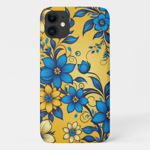 Beautiful Art of Blue  Yellow Flowers Pattern iPhone 11 Case