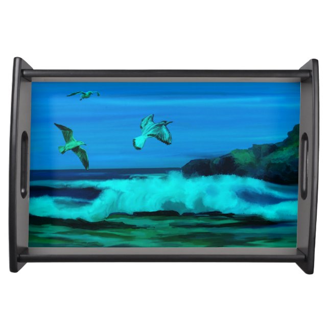 Beautiful Art Painting Birds and Blue Sea Serving Tray (Front)