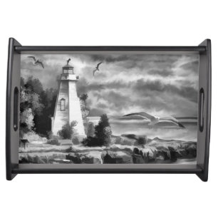 Beautiful Art Painting Lighthouse Birds Sea Serving Tray