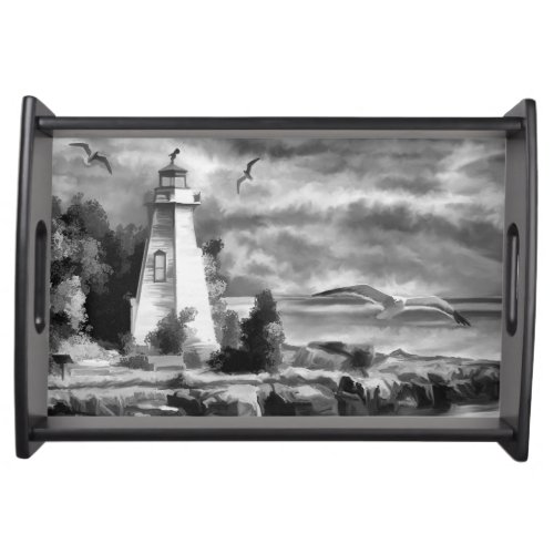 Beautiful Art Painting Lighthouse Birds Sea Serving Tray