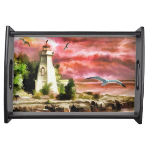Beautiful Art Painting Lighthouse Birds Sea Serving Tray