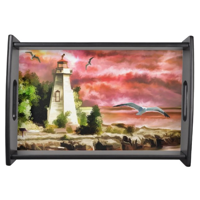 Beautiful Art Painting Lighthouse Birds Sea Serving Tray (Front)