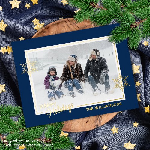 Beautiful Art Snowflakes On Dark Blue And Gold Foil Holiday Postcard
