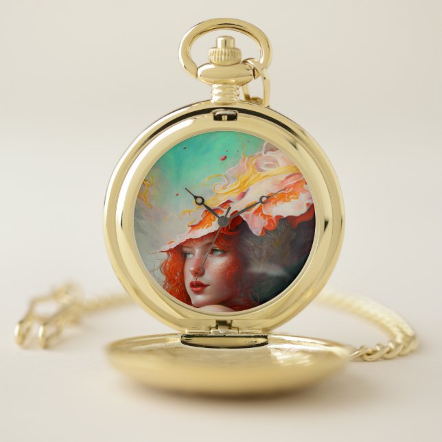 Beautiful Artistic Abstract Red Haired Ginger Girl Pocket Watch (Inside)
