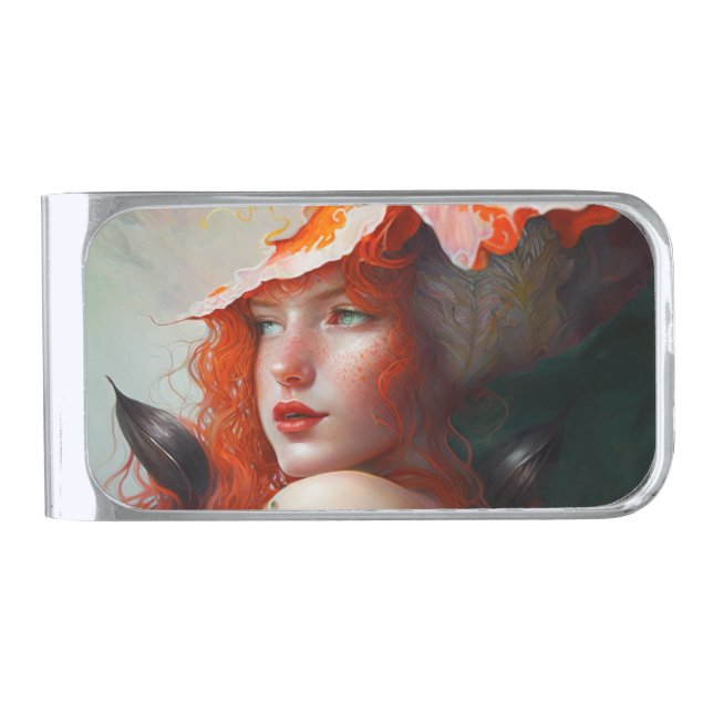 Beautiful Artistic Abstract Red Haired Ginger Girl Silver Finish Money Clip (Front)