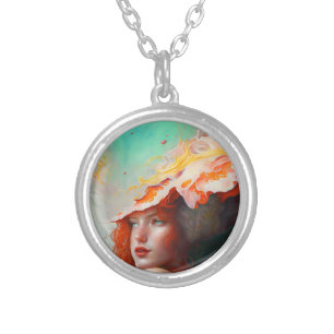 Beautiful Artistic Abstract Red Haired Ginger Girl Silver Plated Necklace