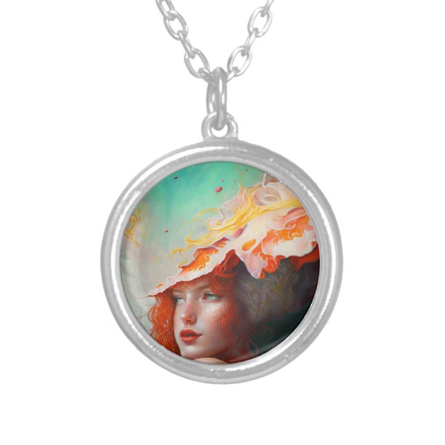 Beautiful Artistic Abstract Red Haired Ginger Girl Silver Plated Necklace (Front)