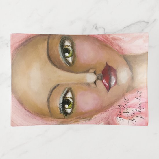 Beautiful Artistic Girl Green Eyes Pink Hair Cute Trinket Trays