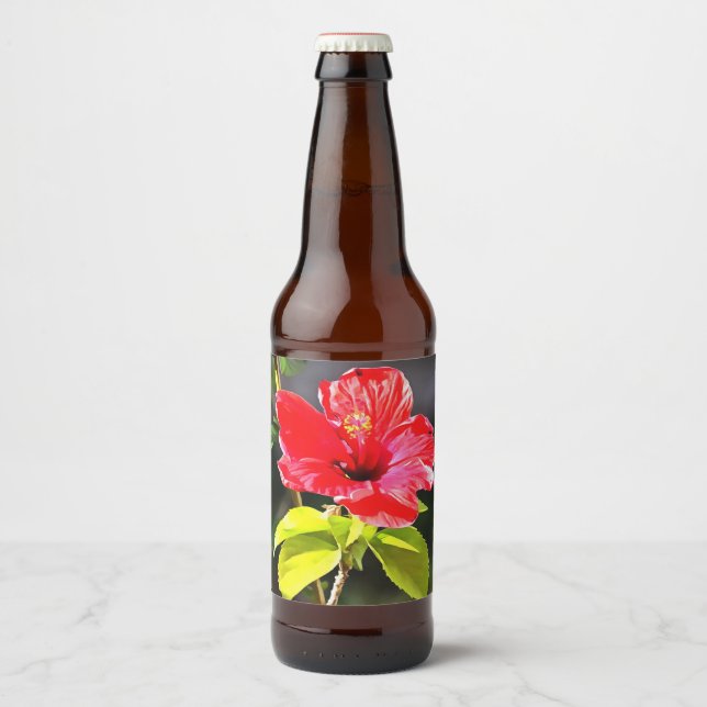Beautiful Artistic Red Tropical Hibiscus Flower Beer Bottle Label (Front)