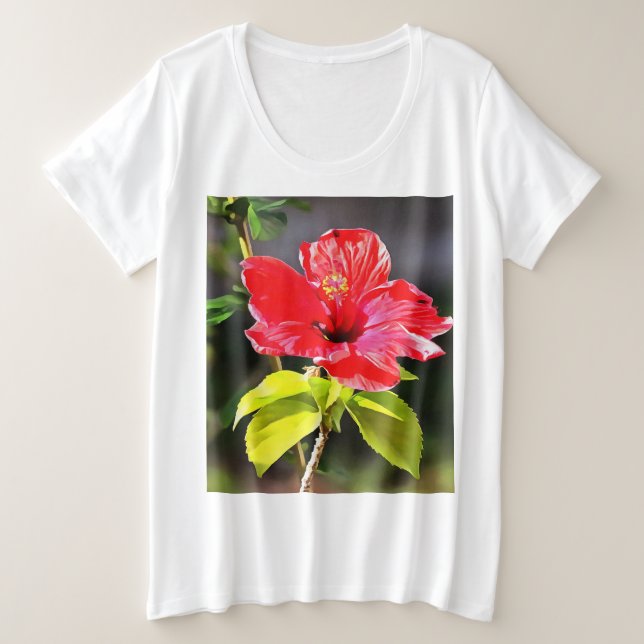 Beautiful Artistic Red Tropical Hibiscus Flower Plus Size T-Shirt (Design Front)