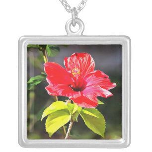Beautiful Artistic Red Tropical Hibiscus Flower Silver Plated Necklace