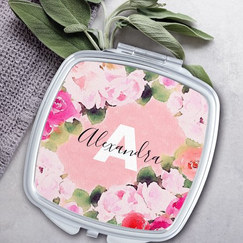Beautiful Artistic Watercolor Pink Roses With Name Compact Mirror