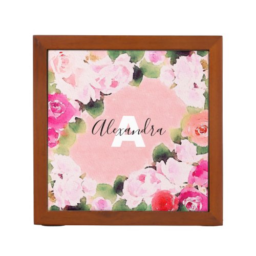 Beautiful Artistic Watercolor Pink Roses With Name Desk Organizer