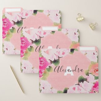 Beautiful Artistic Watercolor Pink Roses With Name File Folder