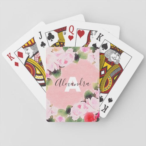 Beautiful Artistic Watercolor Pink Roses With Name Playing Cards