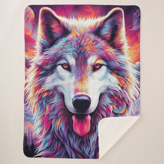 Beautiful Artistic Wolf Dog Sherpa Blanket (Front)