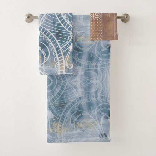 Beautiful artsy industrial blue brown faux copper  bath towel set