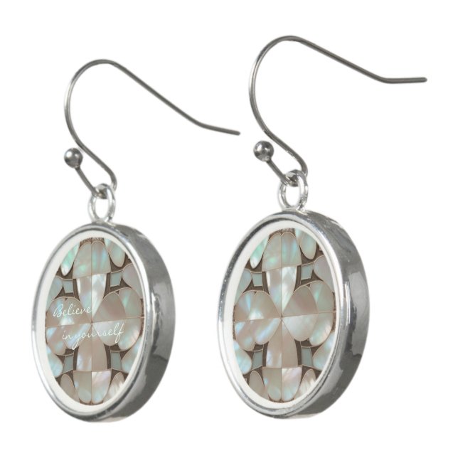Beautiful artsy Mother of pearl custom text Earrings (Angled)