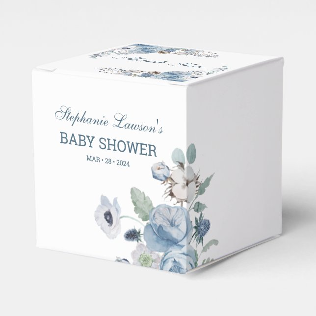 Beautiful Ash Blue Floral Baby Shower Favor Boxes (Front Side)