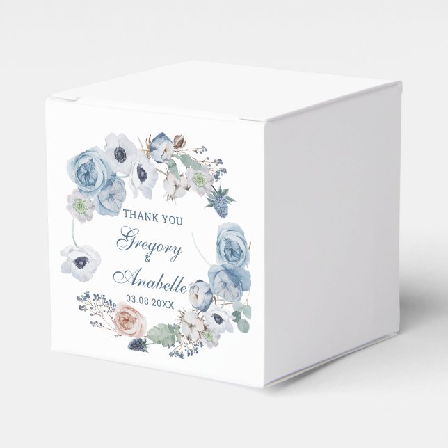 Beautiful Ash Blue Floral Wedding Favor Boxes (Front Side)