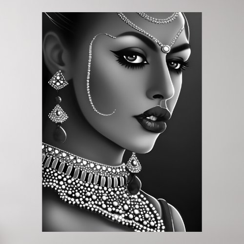 Beautiful Asian Indian woman Black White pearl  Poster