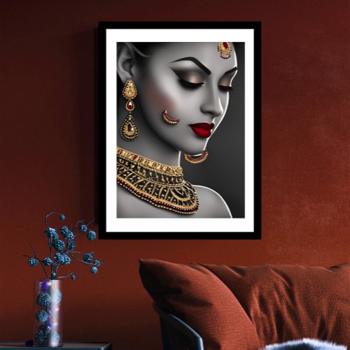 Beautiful Asian Indian woman Black White Red Gems Poster