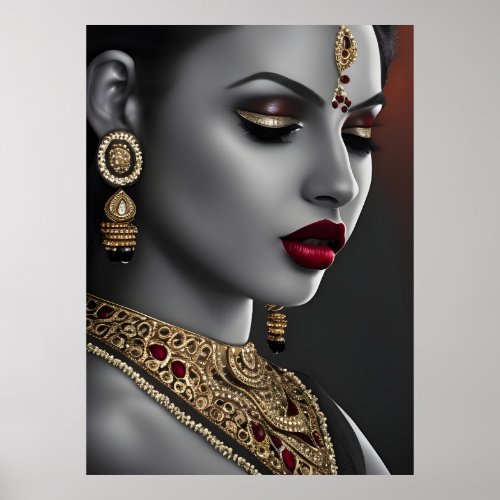 Beautiful Asian Indian woman Black White Red lips Poster