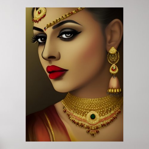 Beautiful Asian Indian woman Red gold black Poster