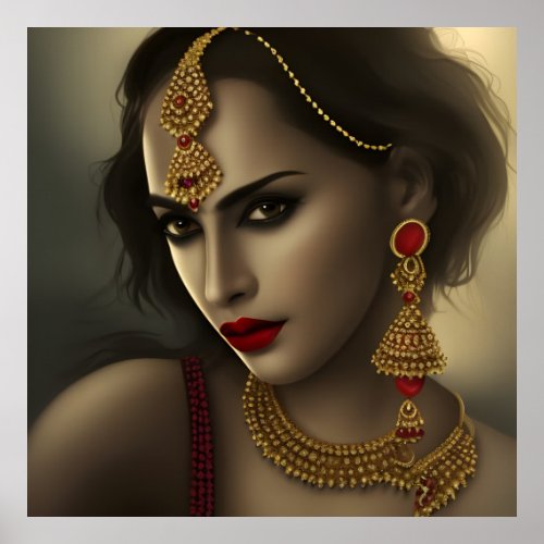 Beautiful Asian Indian woman Red gold earrings  Poster