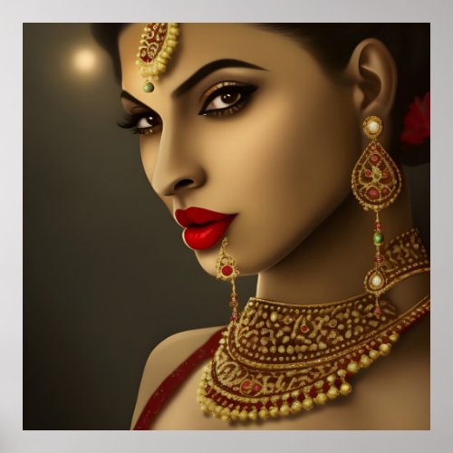 Beautiful Asian Indian woman Red gold head piece Poster