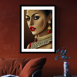Beautiful Asian Indian woman Red gold pearl Poster