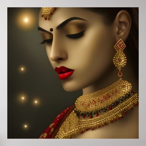 Beautiful Asian Indian woman Red necklace gold Poster