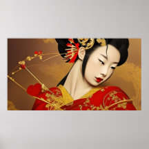 Beautiful Asian woman geisha red gold