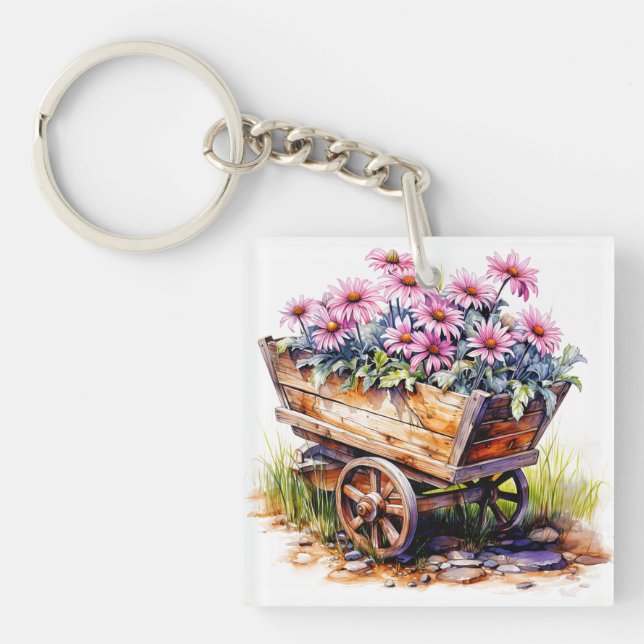 Beautiful Aster Flowers In A Wheel Barrel Keychain (Front)