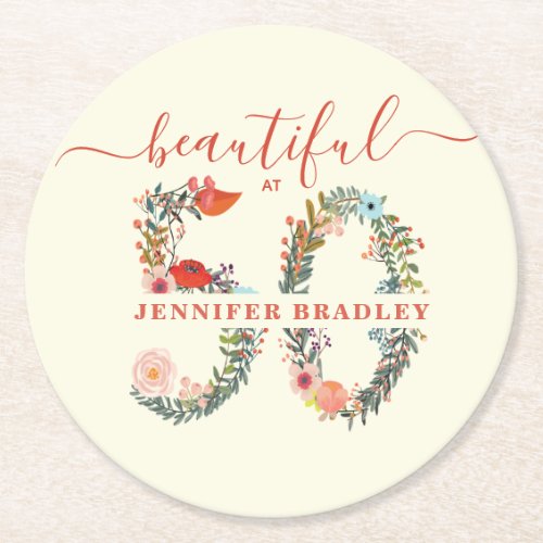 Beautiful at 50 Birthday Party Sticker Round Paper Coaster