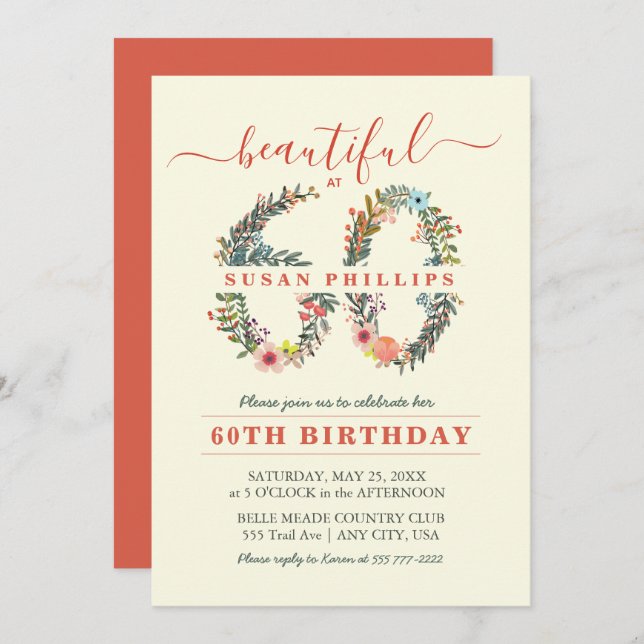 Beautiful at 60 Floral Number Invitation (Front/Back)