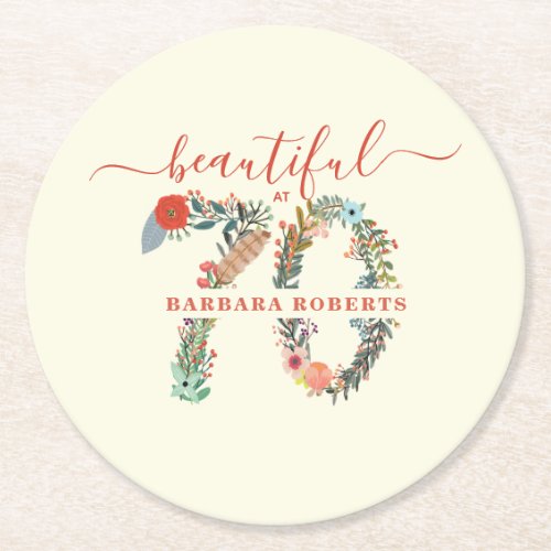 Beautiful at 70 Birthday Party Round Paper Coaster